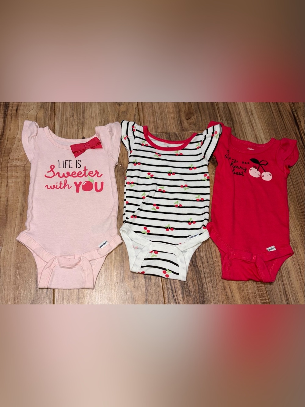 Gerber 3 Piece Body Suit Bundle Pink Black Red Cherries 0-3M Girls